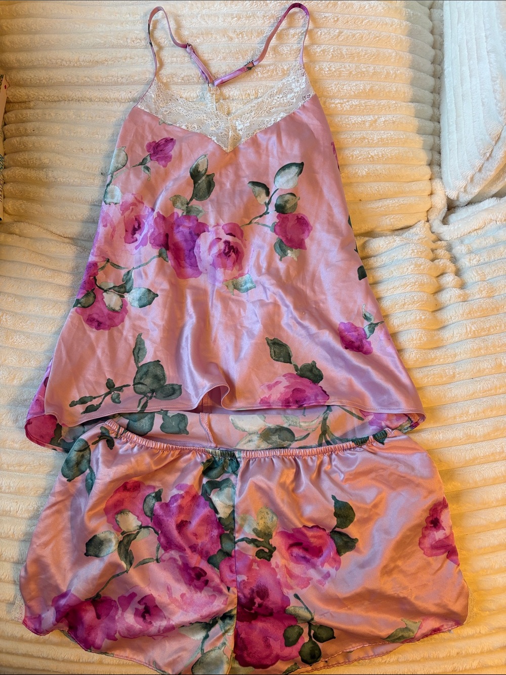 Floral Lace-Trim Pink Satin Cami & Short Sleep Set